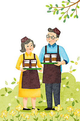 전신 PSD 여자 노년 남자 꽃 유니폼 일러스트 쟁반 미소 들기 사람 두명 실버라이프 앞치마 나뭇가지 사회이슈 즐거움 서빙 바리스타 실버취업 고령화 테이크아웃컵 국내일러스트 나무 식물 직업 라이프스타일 옷 감정 컨셉 모션 표정 성인 컵 구직 파일형식