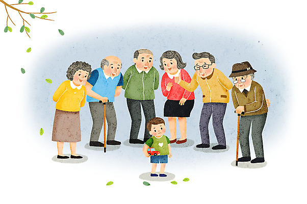 전신 PSD 여자 노년 남자 어린이 일러스트 지팡이 서기 미소 사람 여러명 장난감자동차 사회이슈 고령화 울상 저출산 국내일러스트 다수 컨셉 모션 표정 성인 장난감 파일형식