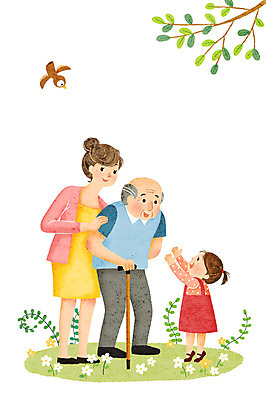 전신 PSD 나무 여자 할아버지 노년 남자 어린이 일러스트 가족 지팡이 손녀 대화 사랑 미소 사람 성인 세명 마주보기 사회이슈 즐거움 고령화 부축 국내일러스트 식물 감정 컨셉 관계 모션 표정 말하기 손주 파일형식