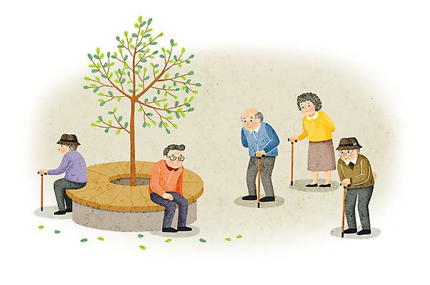전신 PSD 나무 공원 여자 노년 남자 일러스트 지팡이 서기 사람 앉기 여러명 사회이슈 고령화 노인만 암울 국내일러스트 식물 공공시설 다수 컨셉 모션 성인 성인만 파일형식