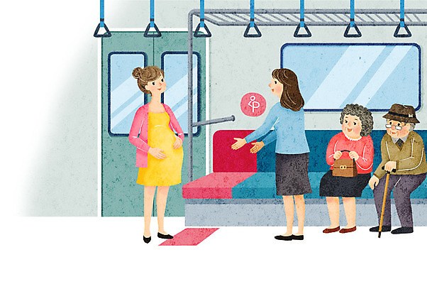 전신 PSD 응시 여자 노년 남자 일러스트 손잡이 서기 미소 사람 앉기 여러명 성인 임산부 임신 전철 사회이슈 배려 배려석 자리양보 저출산 국내일러스트 시선 육상교통 다수 컨셉 의자 모션 대중교통 표정 양보 파일형식