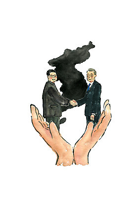 PSD 남자 중년 일러스트 붓터치 수채화 악수 미소 사람 상반신 성인 두명 신체부위 한국인 양손 한반도 정상회담 성인남자만 남북통일 국내일러스트 손 표정 동양인 손짓 통일 남자만 성인만 파일형식