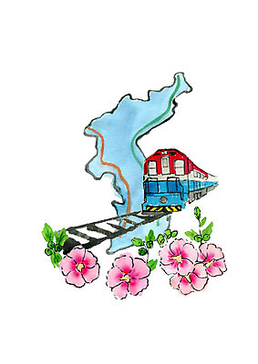 PSD 일러스트 붓터치 수채화 사람없음 기찻길 기차 무궁화 한반도 철도의날 남북통일 환동해경제벨트 환서해경제벨트 국내일러스트 꽃 육상교통 대중교통 통일 파일형식 법정기념일 경제벨트