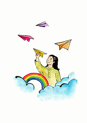 PSD 구름 여자 어린이 무지개 일러스트 붓터치 날리기 수채화 한명 미소 사람 상반신 여러개 종이비행기 소녀한명만 남북통일 국내일러스트 자연요소 1 다수 모션 표정 종이접기 통일 여자한명만 소녀만 파일형식