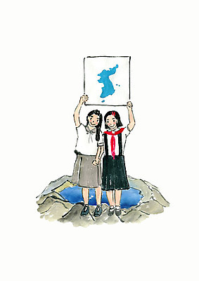 전신 PSD 학생 여자 교복 일러스트 청소년 붓터치 수채화 서기 미소 들기 사람 두명 손잡기 한반도 남북 백두산천지 십대여자만 한반도기 남북통일 국내일러스트 옷 모션 표정 깃발 통일 여자만 십대만 파일형식