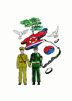 전신 PSD 나무 남자 두마리 일러스트 붓터치 수채화 서기 사람 성인 두명 손잡기 군인 태극기 비둘기 한반도 남북 북한국기 헌병 성인남자만 남북통일 국내일러스트 식물 직업 2 모션 조류 국기 국군 통일 남자만 성인만 파일형식