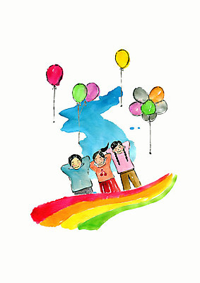 PSD 여자 남자 어린이 무지개 일러스트 붓터치 수채화 미소 사람 상반신 세명 눕기 평화 풍선 팔베개 한반도 어린이만 남북통일 국내일러스트 자연요소 컨셉 모션 표정 통일 파일형식