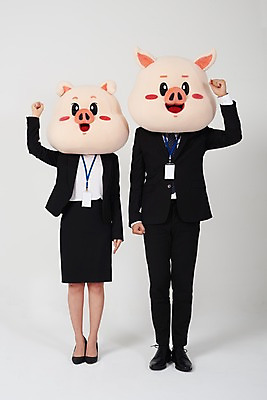 포토 JPG 스튜디오촬영 전신 여자 남자 회사 비즈니스 실내 사람 정장 20대 성인 두명 앞모습 손들기 파이팅 한국인 돼지띠 돼지 비즈니스맨 비즈니스우먼 흰배경 돼지캐릭터 사원증 동물탈 인형탈 성인만 기해년 국내포토 옷 뷰포인트 동물캐릭터 백그라운드 포유류 모션 동양인 청년 내부 흰색 십이지신 직장인 탈 파일형식 2019년
