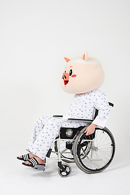 포토 JPG 스튜디오촬영 전신 남자 모션 실내 병원 한명 사람 앉기 20대 성인 옆모습 고통 한국인 환자 돼지띠 돼지 수술 질병 휠체어 흰배경 붕대 돼지캐릭터 환자복 동물탈 인형탈 입원 재활 성인남자한명만 기해년 국내포토 1 옷 감정 뷰포인트 동물캐릭터 백그라운드 포유류 의학 동양인 청년 내부 치료 흰색 십이지신 탈 남자한명만 성인남자만 파일형식 2019년