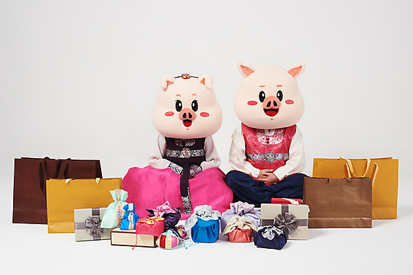 포토 JPG 스튜디오촬영 전신 여자 명절 남자 복주머니 실내 선물 사람 앉기 20대 성인 두명 앞모습 선물상자 쇼핑 설날 쇼핑백 추석 한국인 돼지띠 돼지 한복 흰배경 해피뉴이어 돼지캐릭터 선물꾸러미 동물탈 새해선물 인형탈 추석선물 성인만 기해년 설선물 국내포토 한국전통 전통 기념일 뷰포인트 동물캐릭터 백그라운드 가방 포유류 모션 새해 전통소품 동양인 청년 내부 상자 새해인사 흰색 십이지신 전통의상 탈 파일형식 2019년 명절선물