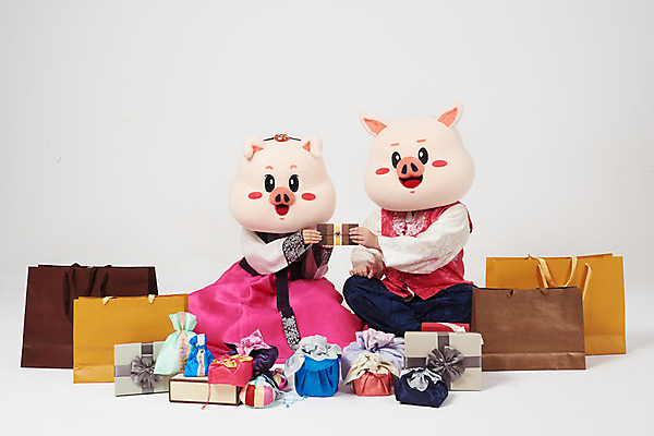 포토 JPG 스튜디오촬영 전신 부부 커플 여자 명절 남자 실내 선물 사람 앉기 20대 성인 두명 앞모습 선물상자 쇼핑 설날 쇼핑백 추석 한국인 돼지띠 돼지 한복 흰배경 주기 상품권 해피뉴이어 돼지캐릭터 선물꾸러미 동물탈 새해선물 인형탈 추석선물 성인만 기해년 설선물 국내포토 한국전통 전통 기념일 뷰포인트 동물캐릭터 백그라운드 가방 포유류 관계 모션 새해 동양인 청년 내부 상자 새해인사 흰색 십이지신 전통의상 탈 파일형식 2019년 명절선물