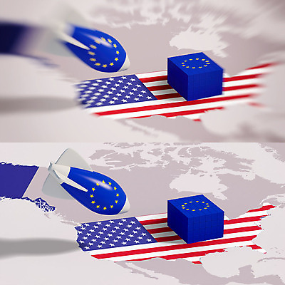 PSD 편집이미지 백그라운드 지도 사람없음 빨간색 파란색 3D소스 3D 미국 떨어짐 성조기 국기 컨테이너 미사일 폭탄 충돌 디지털합성 무역 긴장 미국지도 유럽연합 관세 편집3D 감정 산업 컬러 컨셉 북아메리카 폭발물 세금 파일형식