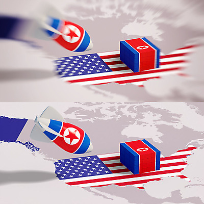 PSD 편집이미지 백그라운드 지도 사람없음 빨간색 3D소스 3D 미국 떨어짐 성조기 국기 컨테이너 미사일 폭탄 충돌 디지털합성 무역 긴장 미국지도 북한 북한국기 관세 편집3D 감정 산업 아시아 컬러 컨셉 북아메리카 폭발물 세금 파일형식