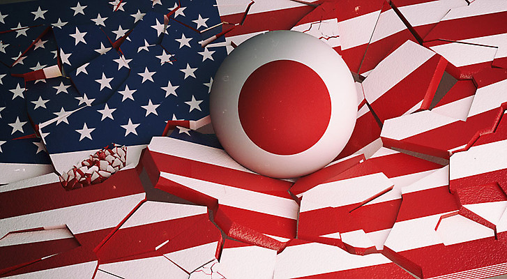 PSD 편집이미지 백그라운드 공 사람없음 빨간색 3D소스 3D 일본 미국 성조기 국기 충돌 디지털합성 무역 긴장 일장기 깨짐 산산조각 관세 편집3D 감정 산업 아시아 컬러 컨셉 북아메리카 손상 세금 파일형식