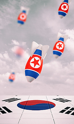 PSD 편집이미지 백그라운드 사람없음 빨간색 파란색 3D소스 3D 떨어짐 국기 태극기 미사일 폭탄 충돌 디지털합성 무역 긴장 북한국기 관세 편집3D 감정 산업 컬러 컨셉 폭발물 세금 파일형식