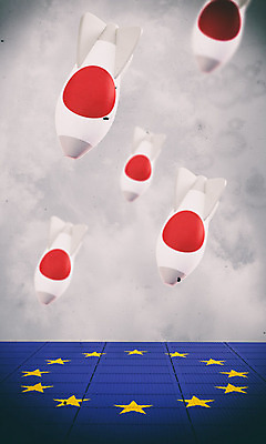 PSD 편집이미지 백그라운드 사람없음 빨간색 파란색 3D소스 3D 일본 흰색 떨어짐 국기 미사일 폭탄 충돌 디지털합성 무역 긴장 일장기 유럽연합 관세 편집3D 감정 산업 아시아 컬러 컨셉 폭발물 세금 파일형식