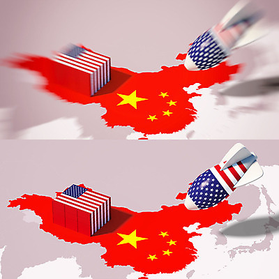 PSD 편집이미지 백그라운드 지도 사람없음 3D소스 3D 중국 떨어짐 성조기 국기 컨테이너 폭탄 충돌 오성홍기 디지털합성 무역 긴장 중국지도 관세 편집3D 감정 산업 아시아 컨셉 폭발물 세금 파일형식