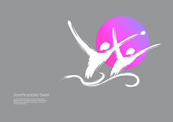 PSD 스포츠 분홍색 일러스트 캘리그라피 모션 붓터치 사람 상반신 성인 두명 운동 회색 원형 번짐 수중발레 그라데이션 싱크로나이즈선수 국내일러스트 도형 컬러 운동선수 건강 수중스포츠 파일형식 효과