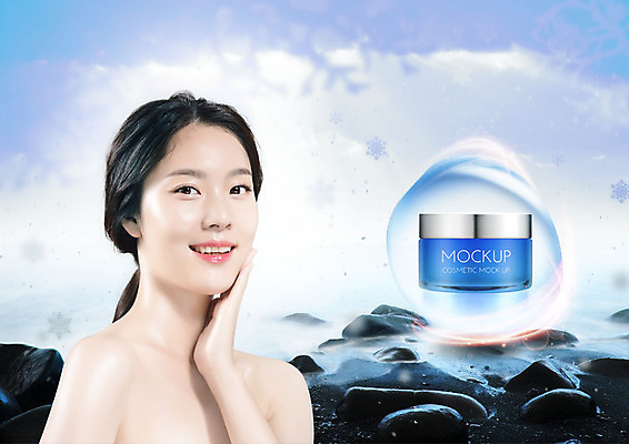 PSD 편집이미지 여자 겨울 한명 미소 사람 상반신 20대 성인 앞모습 뷰티 화장품 한국인 돌_바위 물방울 수분 스킨케어 수분크림 의료성형뷰티 성인여자한명만 이미지편집 1 계절 뷰포인트 표정 동양인 청년 여자한명만 성인여자만 파일형식