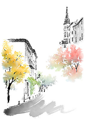 PSD 나무 건축물 낙엽 일러스트 캘리그라피 붓터치 사람없음 건물 도시풍경 골목길 번짐 국내일러스트 식물 건축 길 잎 풍경 도시 파일형식 효과