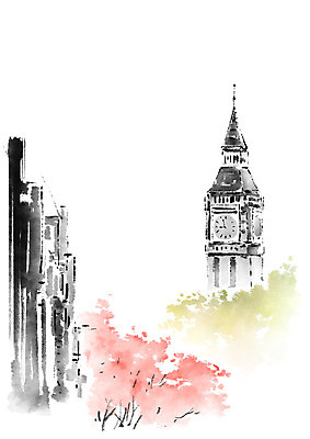 PSD 나무 건축물 건축 분홍색 고건축 일러스트 캘리그라피 붓터치 사람없음 건물 도시풍경 시계탑 번짐 국내일러스트 식물 컬러 풍경 탑 도시 파일형식 효과