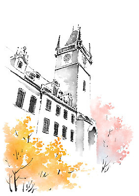 PSD 나무 건축물 건축 고건축 낙엽 일러스트 캘리그라피 유럽건축 붓터치 사람없음 건물 도시풍경 시계탑 번짐 국내일러스트 식물 잎 서양건축 풍경 탑 도시 파일형식 효과