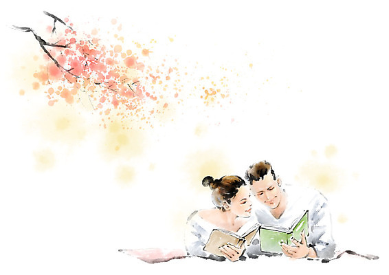 PSD 커플 여자 남자 엎드리기 일러스트 캘리그라피 붓터치 사람 상반신 성인 야외 두명 책 독서 가을 나뭇가지 번짐 성인만 국내일러스트 나무 계절 관계 모션 파일형식 효과