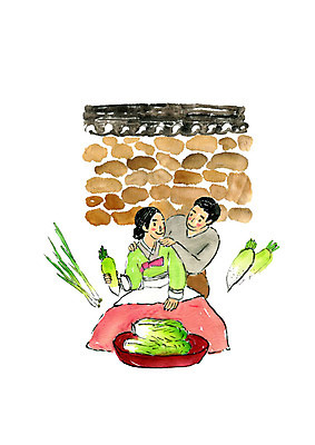 PSD 부부 여자 남자 일러스트 수채화 사람 성인 두명 마주보기 앞치마 시골 마사지 무 한복 배추 번짐 김장 대파 김장재료 성인만 기와담장 국내일러스트 한국전통 커플 채소 식재료 모션 뿌리채소 기와 담장 전통의상 파 파일형식 효과