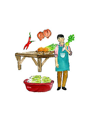 전신 PSD 남자 일러스트 고추 양파 수채화 한명 사람 성인 소쿠리 앞치마 무 배추 번짐 평상 김장 고무대야 김장재료 성인남자한명만 국내일러스트 1 채소 식재료 뿌리채소 바구니 대야 남자한명만 성인남자만 파일형식 효과