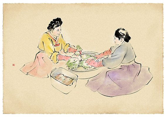 전신 PSD 여자 일러스트 김치 수채화 미소 사람 성인 두명 앞치마 양념 한복 배추 번짐 고무장갑 김장 김치통 성인여자만 국내일러스트 한국전통 한식 장갑 채소 통 표정 전통의상 고무 여자만 성인만 파일형식 효과