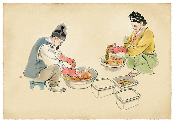 전신 PSD 부부 여자 남자 중년 일러스트 김치 수채화 사람 두명 한복 번짐 고무장갑 김장 김치통 중년만 국내일러스트 한국전통 커플 한식 장갑 통 성인 전통의상 고무 성인만 파일형식 효과