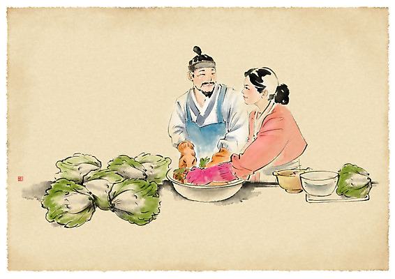 PSD 부부 응시 여자 남자 일러스트 김치 수채화 사람 상반신 성인 두명 마주보기 앞치마 도움 양념 한복 배추 번짐 고무장갑 김장 김장재료 성인만 국내일러스트 한국전통 커플 시선 한식 장갑 컨셉 채소 식재료 모션 전통의상 고무 파일형식 효과