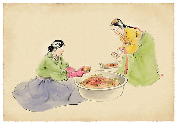 전신 PSD 여자 딸 중년 일러스트 김치 수채화 미소 사람 성인 두명 앞치마 가르침 고수 한복 번짐 고무장갑 김장 여자만 국내일러스트 한국전통 교육 한식 장갑 가족 표정 전통의상 향신료 고무 파일형식 효과