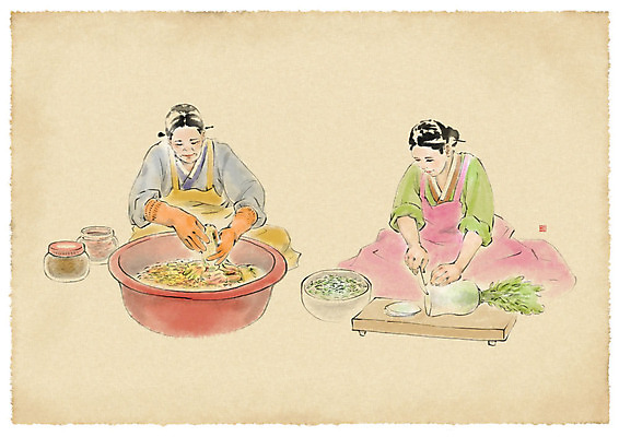 전신 PSD 여자 중년 일러스트 수채화 사람 성인 두명 앞치마 가르침 고수 무 한복 며느리 번짐 김장 고무대야 김장재료 채썰기 여자만 국내일러스트 한국전통 교육 식재료 뿌리채소 전통의상 자르기 향신료 대야 파일형식 효과