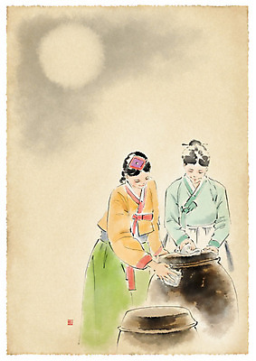 PSD 여자 중년 일러스트 수채화 사람 상반신 성인 두명 보름달 항아리 가르침 고수 한복 번짐 김장 닦기 김장독 행주 여자만 국내일러스트 한국전통 교육 모션 달 도자기 전통의상 청소도구 향신료 파일형식 효과