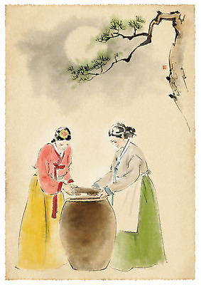 전신 PSD 여자 중년 일러스트 수채화 사람 성인 두명 앞치마 뚜껑 보름달 소나무 항아리 가르침 고수 한복 번짐 김장 김장독 여자만 국내일러스트 나무 한국전통 교육 달 도자기 전통의상 향신료 파일형식 효과