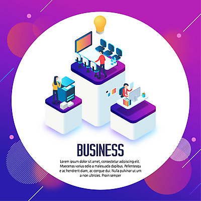 전신 여자 남자 일러스트 회사 비즈니스 전구 아이디어 사람 상반신 성인 세명 컴퓨터 사무실 보라색 작업 비즈니스맨 비즈니스우먼 원형 인쇄기 자주색 스마트 책상 회의실 그라데이션 아이소메트릭 사선무늬 성인만 국내일러스트 AI파일 도형 컬러 가구 컨셉 전자제품 직장인 파일형식 벡터