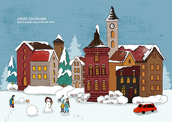 PSD 한마리 여자 남자 어린이 겨울 일러스트 자동차 눈사람 거리 주택 사람 풍경 여러명 성인 마을 강아지 시계탑 계절백그라운드 겨울풍경 눈덮임 겨울배경 국내일러스트 1 계절 육상교통 다수 백그라운드 컨셉 건물 반려동물 탑 개 파일형식