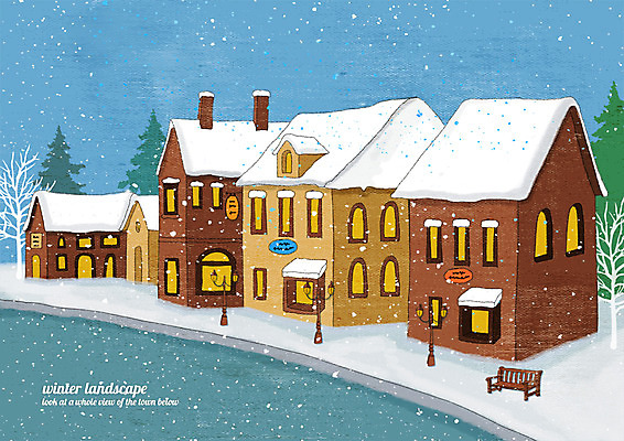 PSD 겨울 가로등 벤치 일러스트 거리 주택 풍경 사람없음 강 마을 계절백그라운드 눈내림 겨울풍경 눈덮임 겨울배경 국내일러스트 계절 공공시설 백그라운드 컨셉 의자 눈_날씨 건물 파일형식