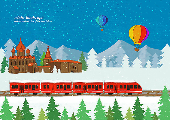 PSD 나무 겨울 일러스트 산 풍경 사람없음 기찻길 기차 열기구 성 계절백그라운드 눈내림 겨울풍경 눈덮임 겨울배경 국내일러스트 식물 건축물 계절 육상교통 백그라운드 컨셉 항공교통 대중교통 눈_날씨 파일형식