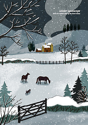 PSD 나무 한마리 두마리 겨울 일러스트 주택 풍경 사람없음 울타리 농장 말_동물 연기 강아지 계절백그라운드 눈내림 겨울풍경 눈덮임 겨울배경 국내일러스트 식물 1 계절 백그라운드 컨셉 2 농업 포유류 눈_날씨 건물 담장 반려동물 개 파일형식