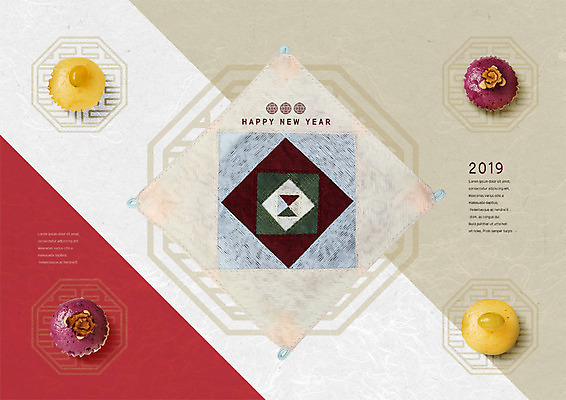 PSD 편집이미지 전통 명절 패턴 새해 떡 한국 사람없음 빨간색 설날 전통문양 보자기 베이지색 증편 카피스페이스 2019년 기해년 이미지편집 문양 기념일 아시아 컬러 무늬 공백 연도 파일형식 천_직물