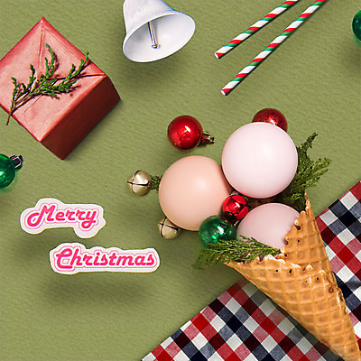 PSD 편집이미지 크리스마스장식 크리스마스 선물 사람없음 장식 빨간색 초록색 선물상자 종 오브젝트 솔잎 아이스크림콘 오너먼트 이미지편집 기념일 컬러 잎 상자 콘 파일형식