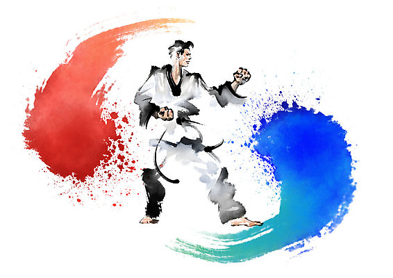전신 PSD 남자 스포츠 일러스트 캘리그라피 붓터치 한명 서기 성인 빨간색 파란색 운동 태권도 태극 태권도복 번짐 태권도선수 성인남자한명만 국내일러스트 1 문양 컬러 모션 운동선수 건강 도복 사람 격투기 남자한명만 성인남자만 파일형식 효과