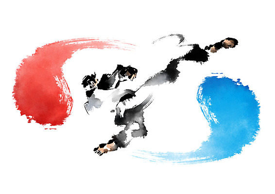 전신 PSD 남자 스포츠 일러스트 캘리그라피 붓터치 한명 서기 성인 빨간색 파란색 운동 태권도 태극 태권도복 번짐 태권도선수 성인남자한명만 국내일러스트 1 문양 컬러 모션 운동선수 건강 도복 사람 격투기 남자한명만 성인남자만 파일형식 효과