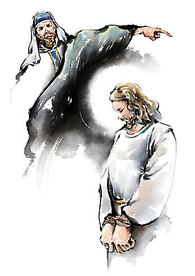 PSD 남자 기독교 종교 일러스트 캘리그라피 붓터치 사람 상반신 성인 두명 분노 가리킴 예수 심판 묶기 괴로움 번짐 성인남자만 국내일러스트 감정 모션 손짓 신_종교 남자만 성인만 파일형식 효과