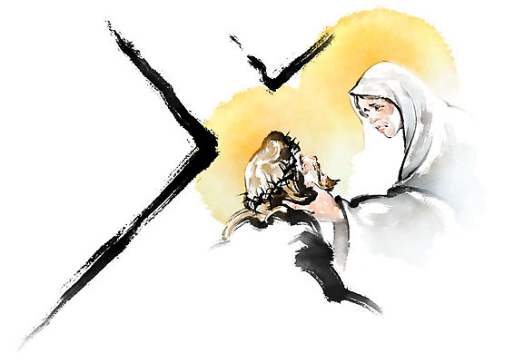 PSD 여자 남자 기독교 종교 십자가 일러스트 캘리그라피 붓터치 사람 성인 두명 마주보기 고통 슬픔 예수 괴로움 번짐 후광 가시면류관 안타까움 성인만 국내일러스트 감정 종교용품 모션 빛 신_종교 파일형식 효과