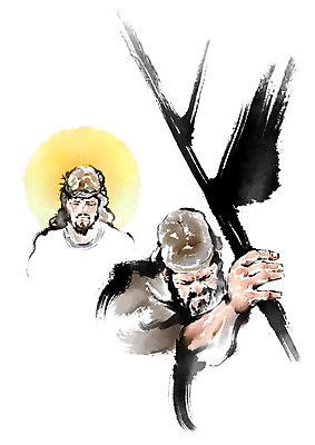 PSD 남자 기독교 종교 십자가 일러스트 캘리그라피 붓터치 사람 상반신 성인 두명 예수 괴로움 번짐 가시면류관 로마군인 성인남자만 국내일러스트 감정 종교용품 군인 신_종교 남자만 성인만 파일형식 효과