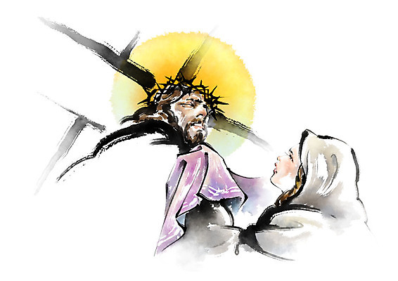 PSD 여자 남자 기독교 종교 십자가 일러스트 캘리그라피 붓터치 사람 상반신 성인 두명 수건 고통 슬픔 예수 괴로움 번짐 마리아 닦기 후광 가시면류관 안타까움 성인만 국내일러스트 감정 종교용품 모션 빛 위생용품 신_종교 파일형식 효과