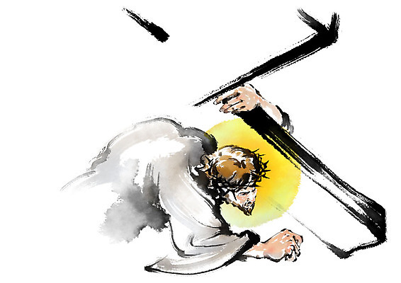 PSD 남자 기독교 종교 십자가 일러스트 캘리그라피 붓터치 한명 사람 상반신 성인 고통 예수 괴로움 번짐 후광 넘어짐 성인남자한명만 국내일러스트 1 감정 모션 빛 신_종교 남자한명만 성인남자만 파일형식 효과